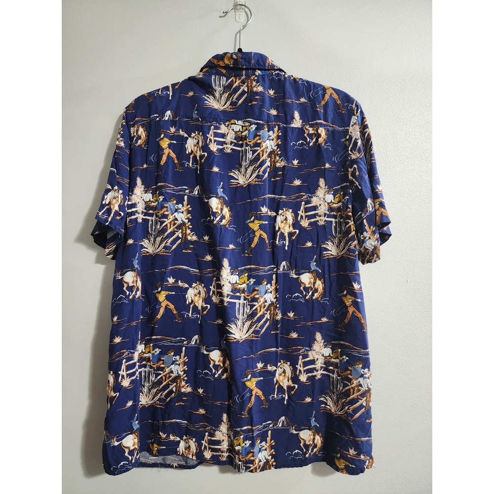 Sun + Stone Mens Western Cowboy Rodeo Print Rayon Short Sleeve Shirt Blue Large - Picture 6 of 9